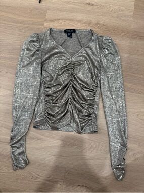 Rachel Zoe Shimmery Ruched Long-Sleeve V-Neck Top - Silver